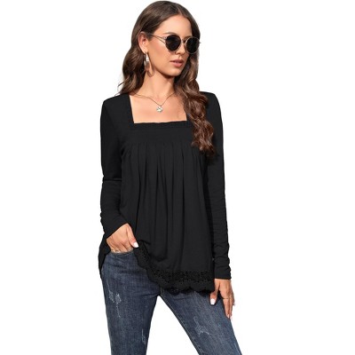 Womens Tops Long Sleeve Tunic Tops for Women Plus Size Square Neck T Shirt Solid Color Fall Lace Blouse