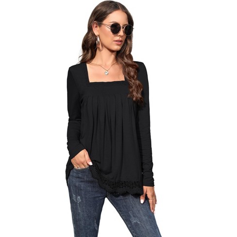 Womens Tops Long Sleeve Tunic Tops for Women Plus Size Square Neck T Shirt Solid Color Fall Lace Blouse - image 1 of 4