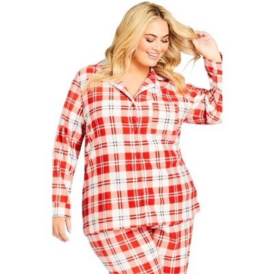 Avenue Women's Plus Size Button Check Fleece Sleep Top