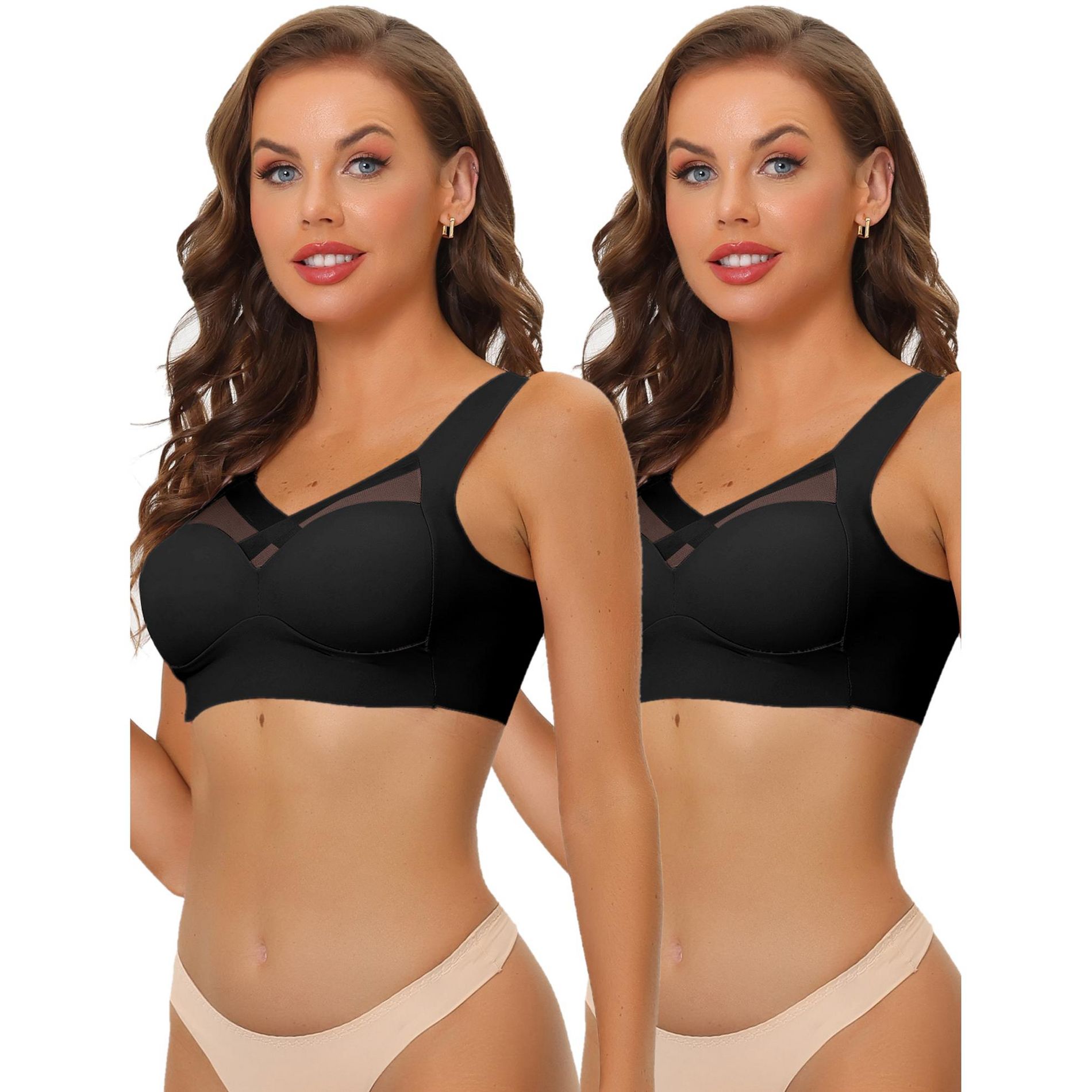 Allegra K Women's Push Up Minimizer Mesh Wirefree Full Coverage Bras 2 Pcs Black Medium