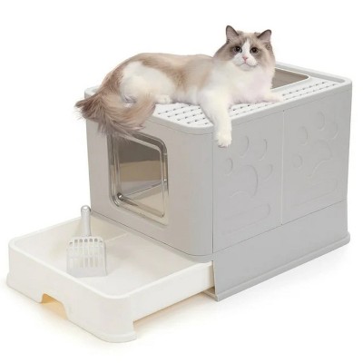 LunaLulinlk gray Large enclosed cat litter box with lid, foldable, splash-proof, with cat litter scoop