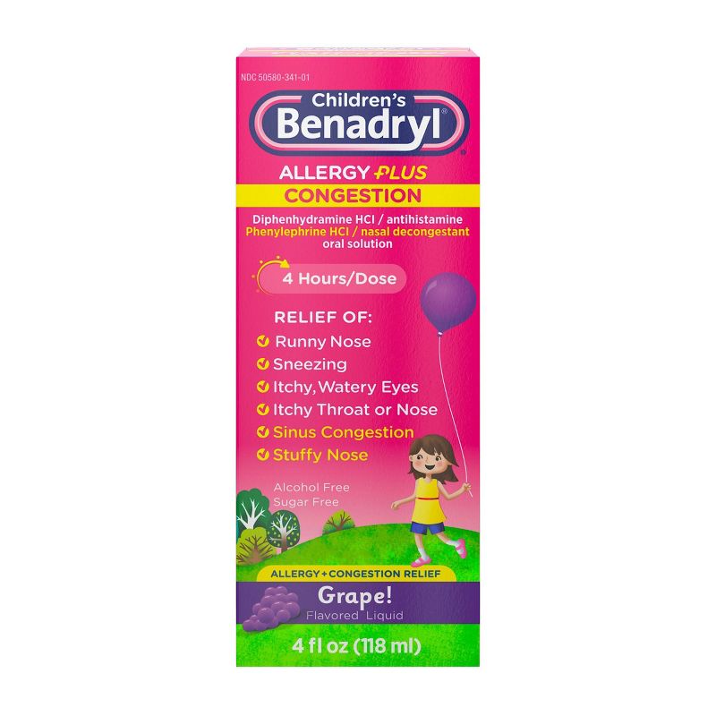 Children&#39;s Benadryl Diphenhydramine Allergy Plus Congestion Relief Liquid - Grape - 4 fl oz, 3 of 10