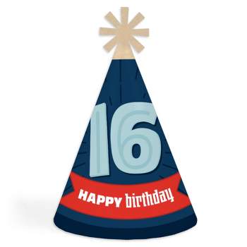 Big Dot of Happiness Boy 16th Birthday - Cone Happy Birthday Party Hats for Adults - Set of 8 (Standard Size)