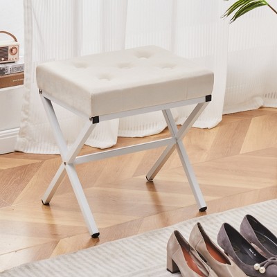 ChicFurnit Ottomans and Benches Ottoman Foot Stool Tufted Vanity Stool with Metal X Leg for Living Room, White, 16.93"*12.99"*6.5"