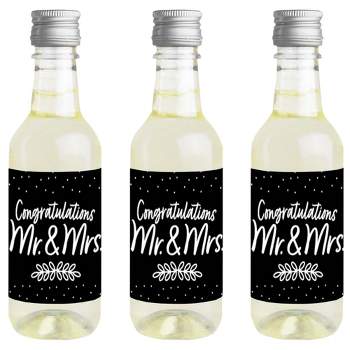 Big Dot of Happiness Mr. and Mrs. - Mini Wine & Champagne Bottle Label Stickers - Black and White Wedding or Bridal Shower Favor Gift - Set of 16