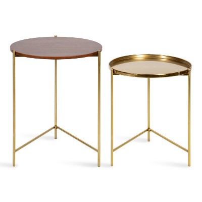 Ulani Nesting Side Table Set, Walnut Brown Wood and Gold Metal
