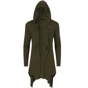 Men's Long Hooded Cardigan Ruffle Shawl Long Sleeve Lightweight Open Front Drape Cape Overcoat - 1 of 4