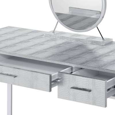 50" Antique White and Chrome Vanity Set with Faux Fur Bench