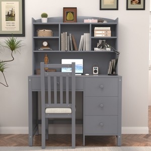 Sapphtopaz Executive Writing Desk Set with Upholstered Chair Computer Desk with Bookshelf & Drawers Retro Storage Shelves Desk for Home Office - 1 of 4