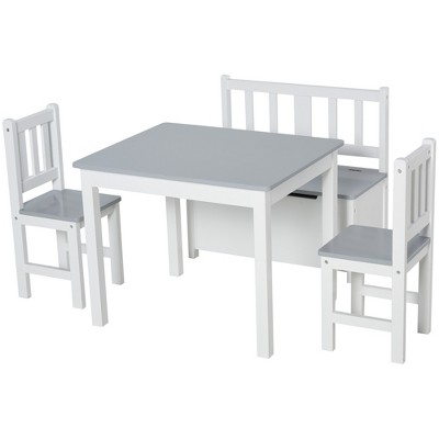 Qaba 4-Piece Kids Table Set with 2 Wooden Chairs 1 Storage Bench and Interesting Modern Design Grey/White