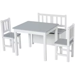 Qaba 4-Piece Kids Table Set with 2 Wooden Chairs, 1 Storage Bench, and Interesting Modern Design, Gray / White