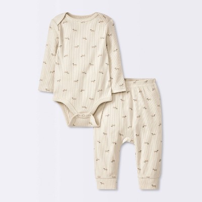 Baby 2pc Weiner Dogs Wide Ribbed Top & Bottom Set - Cloud Island™ Khaki 24M