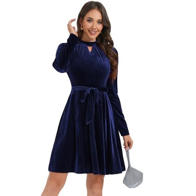 WhizMax Women's Retro Velvet Cocktail Party Dress Long Sleeve dress With Belt