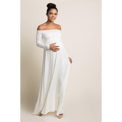 PinkBlush Ivory Solid Off Shoulder Maternity Maxi Dress