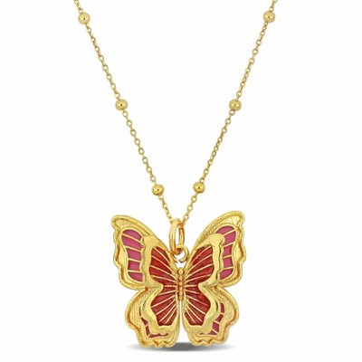 EVERLY JEWELRY | Yellow Plated Sterling Silver Pink Enameled Butterfly Charm Station Necklace, 18-inch