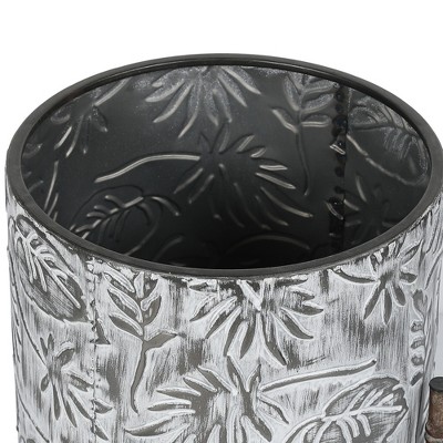 Coastal Distressed White & Gray Metal Planters with Bamboo-Style Stand