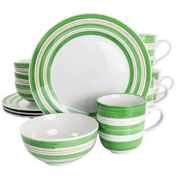 Gibson Home Sunset Stripes 12 Piece Round Fine Ceramic Dinnerware Set in Green