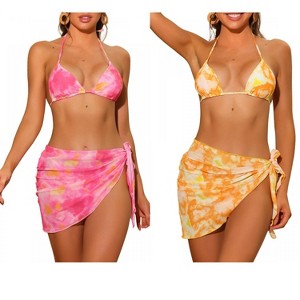 INSPIRE CHIC Women's Dye Halter Tie Triangle Swimsuits with Sarong Cover Ups Beach Skirt Bikini 2 Set - 1 of 4