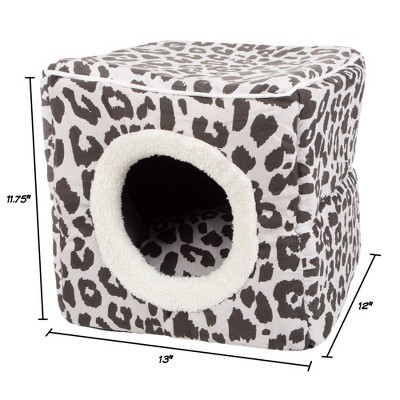Gray and Black Leopard Print Enclosed Cat Bed with Removable Cushion