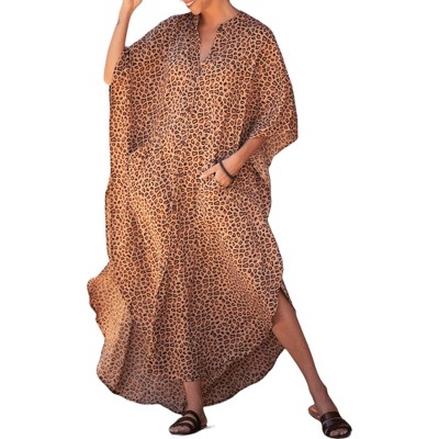 Anna-Kaci Women's Leopard Turkish Kaftan Pockets Swimwear Bikini Cover Up Maxi Dress