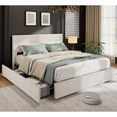 Bed Frame, Full Size Platform Bed Frame with 4 Storage Drawers, Upholstered Channel Tufted Wingback Headboard Bed Frame