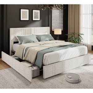 Bed Frame, Full Size Platform Bed Frame with 4 Storage Drawers, Upholstered Channel Tufted Wingback Headboard Bed Frame - 1 of 4