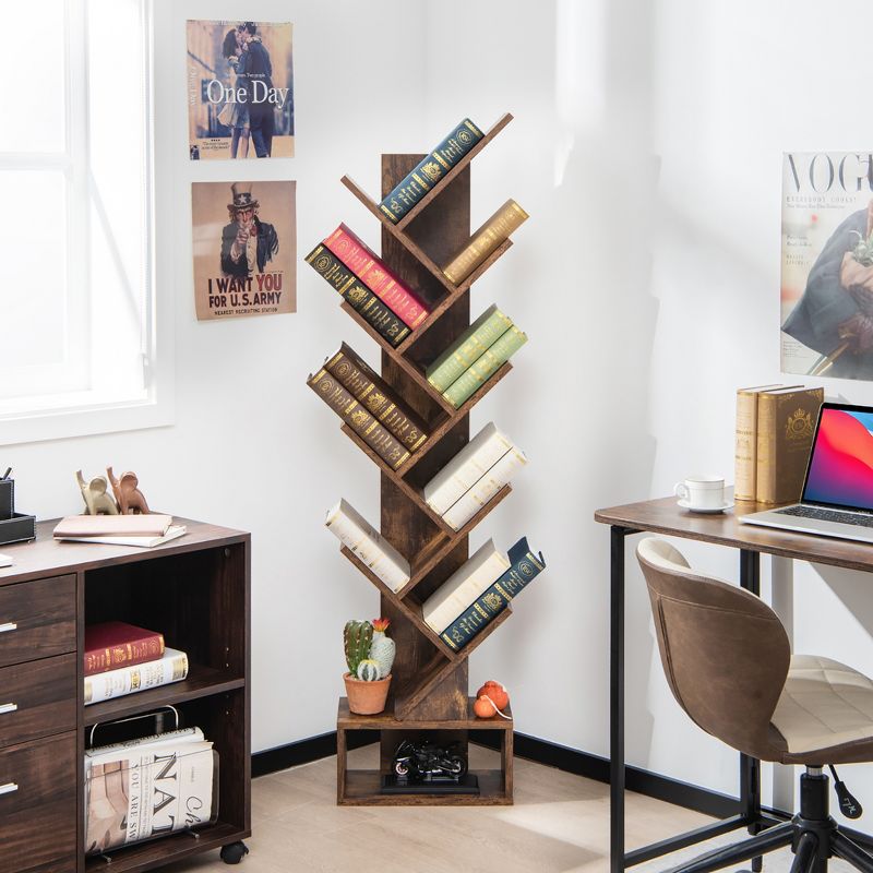 Costway 10-tier Tree Bookshelf with Drawer Free-standing Bookcase Storage Shelf White\Brown, 2 of 11