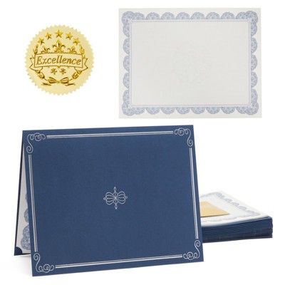 24-Set Certificate Paper with Holder, Excellence Gold Foil Seal Included for DIY Award & Diploma, Navy Blue, Letter Size