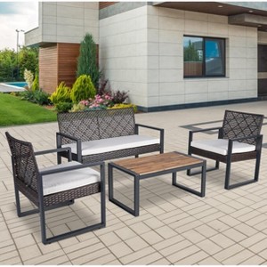 Outdoor Patio Conversation Set with Brown Wicker and Wood Coffee Table, Weather-Resistant Cushions for Backyard or Balcony -3irtyhousy - 1 of 4