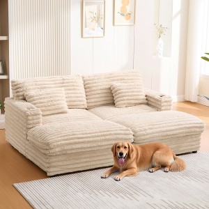 83.5'' Faux Rabbit Fur Oversized Double Chaise Lounge Sofa with Thick Cushions, USB Ports, and Cup Holders - 1 of 4