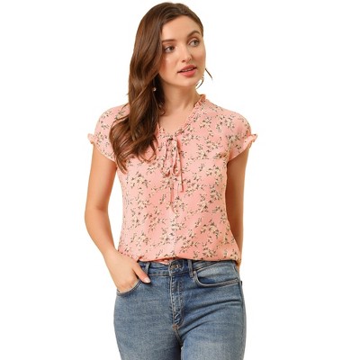 Allegra K Women's Floral Chiffon V Neck Ruffled Short Sleeve Shirts Dark  Pink X-Small