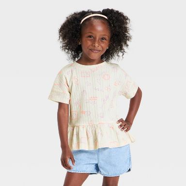Toddler Girls' Floral Pointelle Peplum T-Shirt - Cat & Jack™ Cream 12M