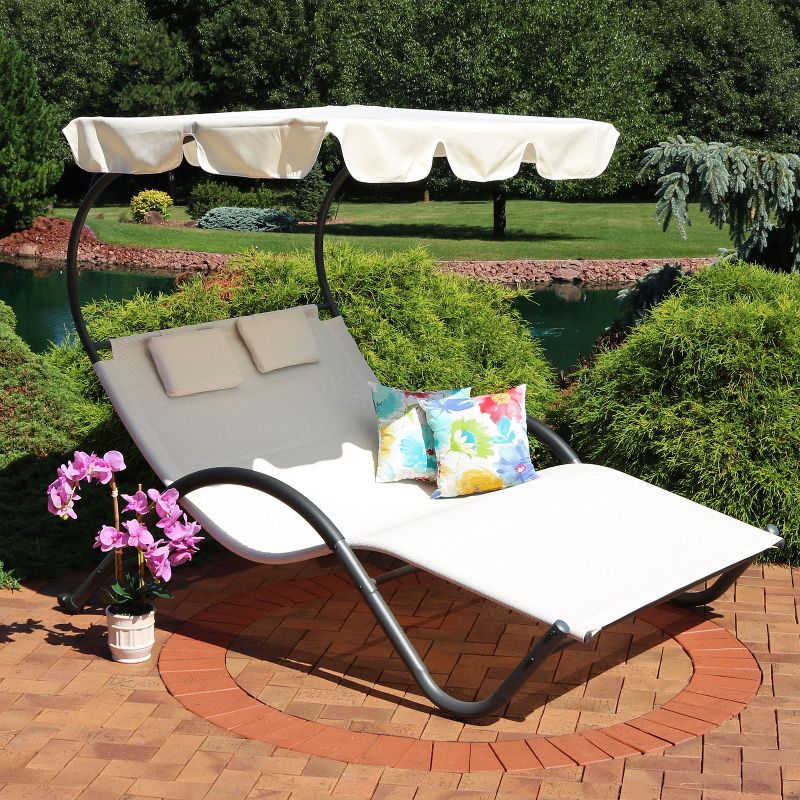 Sunnydaze Outdoor Double Chaise Lounge with Canopy Shade and Headrest Pillows, Beige, 2 of 10