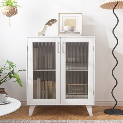 Modern Bathroom Cabinet Storage Organizer, With 2 Glass Doors And Adjustable Shelf, Free Standing Sideboard, Buffet Storage Cabinet
