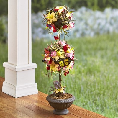 Lakeside Lighted Spring Ball Floral Topiary with Faux Floral Leaves and Vase Pot