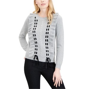 maison Jules Womens Ruffle Lace Pullover Sweater, Grey, X-Small - 1 of 1
