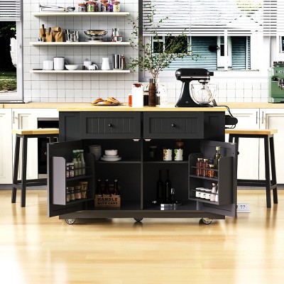 VYNXARIA K&K 48" Black Kitchen Island with Drop Leaf, Power Outlet & Rolling Storage Cart