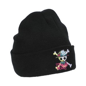 One Piece (Animated) Jolly Roger Pirate Cuff Embroidery On Ribbed Black Acrylic Knit Cuff Beanie - 1 of 4