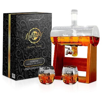 NutriChef NCGDS08 Home Bar 1100ml Glass Barrel Whiskey and Wine Carafe Alcohol Decanter Set with Spigot, Stopper and Glasses
