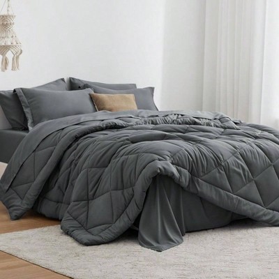 Dark Grey Full Comforter Set, 7 Piece All Season Bedding with 1 Comforter, 1 Flat Sheet, 1 Fitted Sheet, 2 Pillowcases and 2 Pillow Shams.
