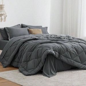 Dark Grey Full Comforter Set, 7 Piece All Season Bedding with 1 Comforter, 1 Flat Sheet, 1 Fitted Sheet, 2 Pillowcases and 2 Pillow Shams. - 1 of 4