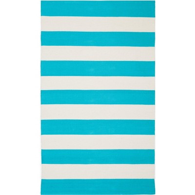 Turquoise & Ivory Stripe Round Cotton Area Rug, 3' x 5'