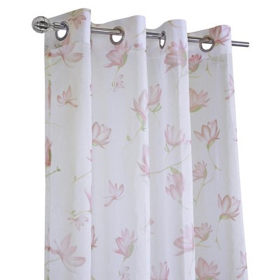 Magnolia White and Pink Sheer Linen-Like Grommet Curtain Panel