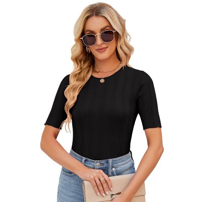Womens Knit Shirts Slim Fit Sweater Tops Short Sleeve Round Neck Tops