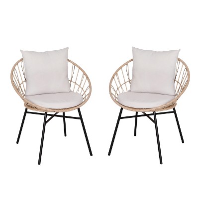 Merrick Lane Set Of 2 Faux Rattan Rope Patio Chairs, Papasan Style Indoor/Outdoor Chairs with Seat & Back Cushions