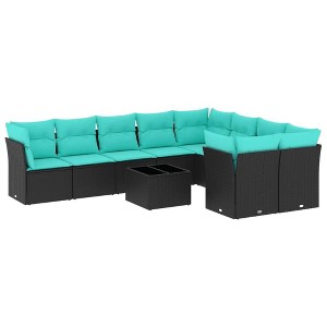 vidaXL 10 Piece Patio Sofa Set with Cushions Black Poly Rattan - Black and Blue With Table - 1 of 4