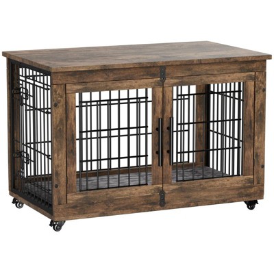 Gikpal Wooden Dog Crate Furniture, Stylish Dogs Kennel for Small to Extra Large, Double Door & A Cushion & 360°Wheel, Metal, Chew-Proof, Dog Cage