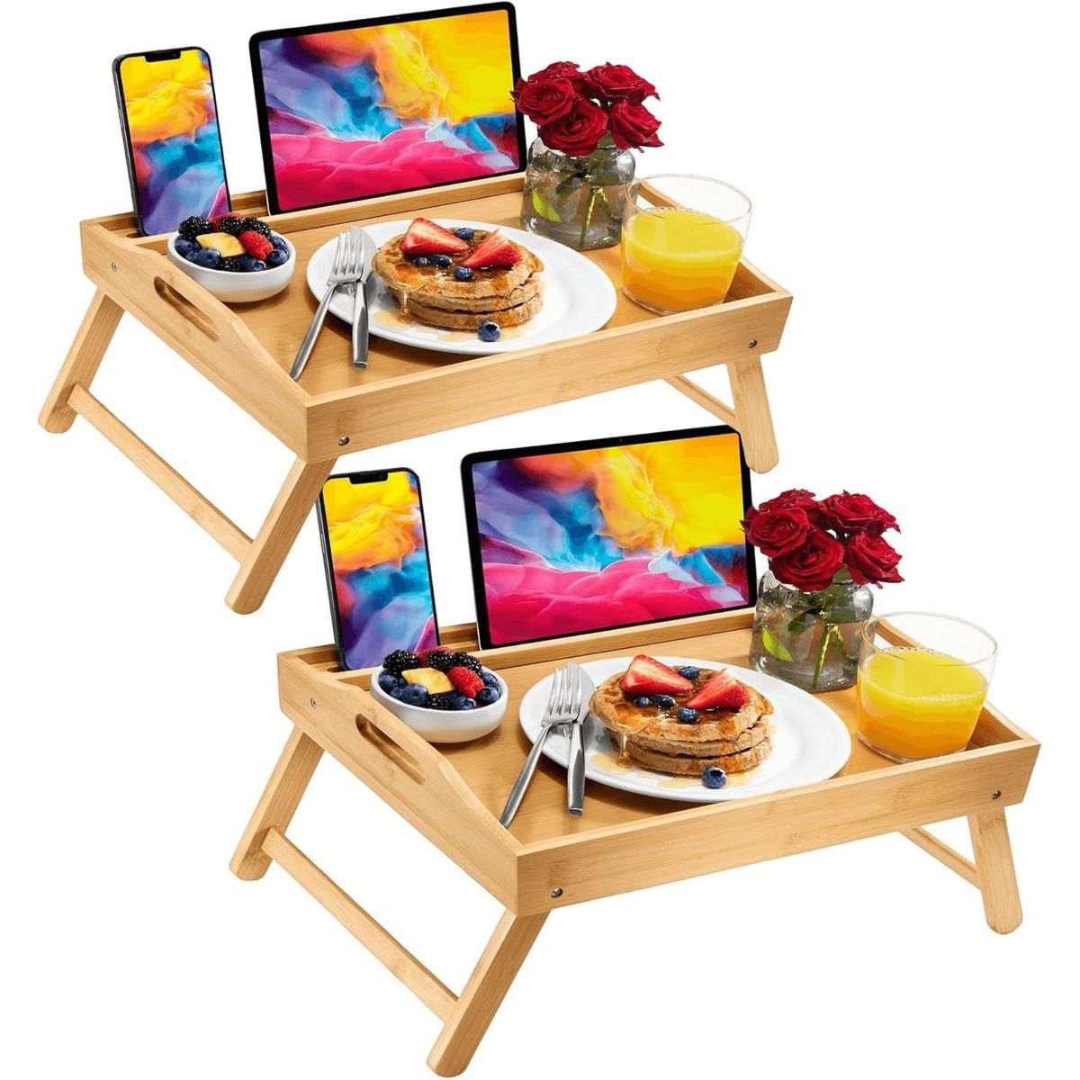 2 Pack Bamboo Bed Tray with Folding Legs, Device Holder, and Handles - 15.75" x 12" x 8.75", Perfect for Laptops, Meals, and Drinks Homeitusa