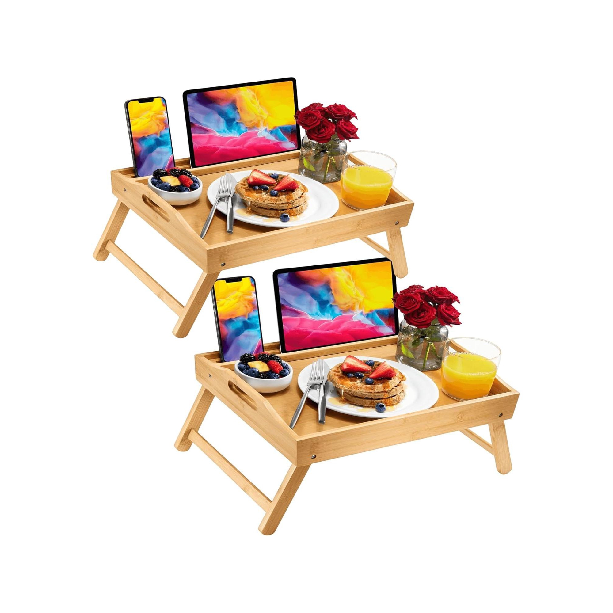 2 Pack Bamboo Bed Tray with Folding Legs, Device Holder, and Handles - 15.75" x 12" x 8.75", Perfect for Laptops, Meals, and Drinks Homeitusa