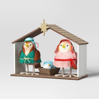 4pc Featherly Friends Fabric Bird Christmas Nativity Scene Figurine